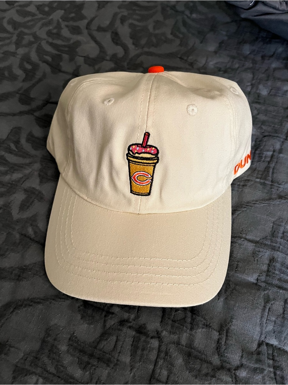 Cream Baseball Cap with Embroidered Donut Drink Motif